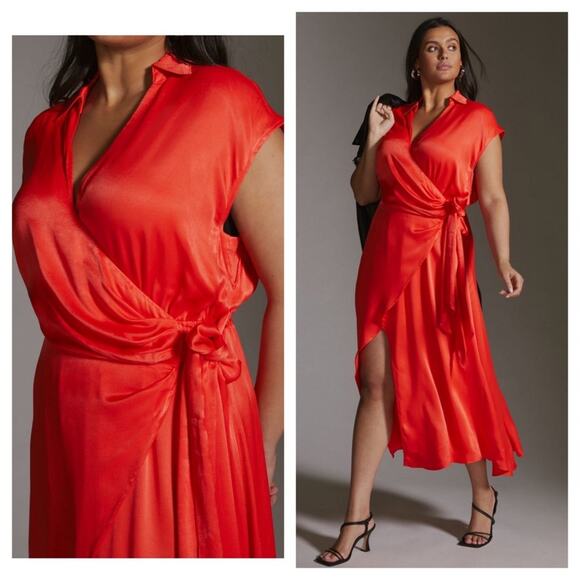 Anthropologie Maeve Open-Back Satin Wrap Midi Dress Orange Small - Picture 11 of 16
